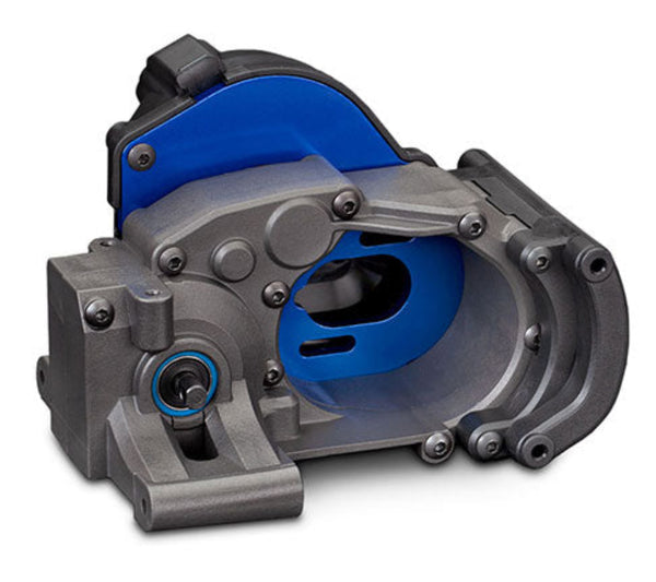 Mechanical component with blue and gray colors on a white background