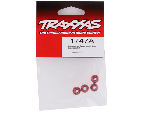 1747A Traxxas 4mm Aluminum Flanged Serrated Nuts (Red) (4)